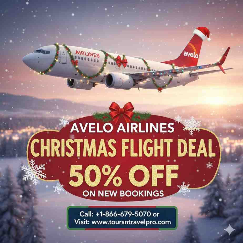 Airplane with Christmas decor flying over snowy landscape. Text: Avelo Airlines Christmas Flight Deal 50% Off. Contact info included.