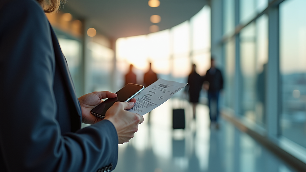 Close-up view of a traveler holding a boarding pass and smartphone at the airport