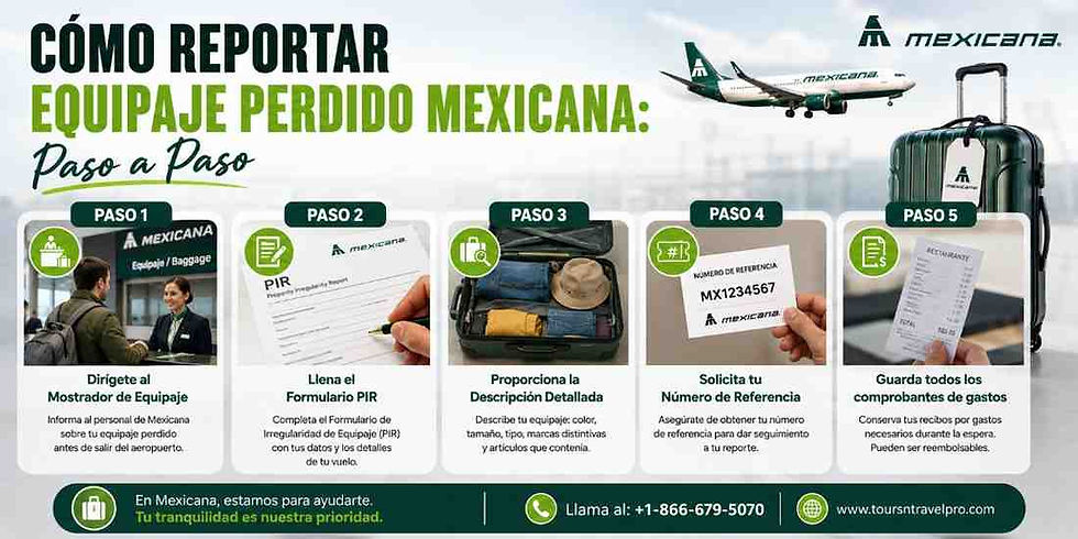 Spanish infographic on reporting lost Mexicana baggage, with 5 steps, airline logo, suitcase, and contact info.