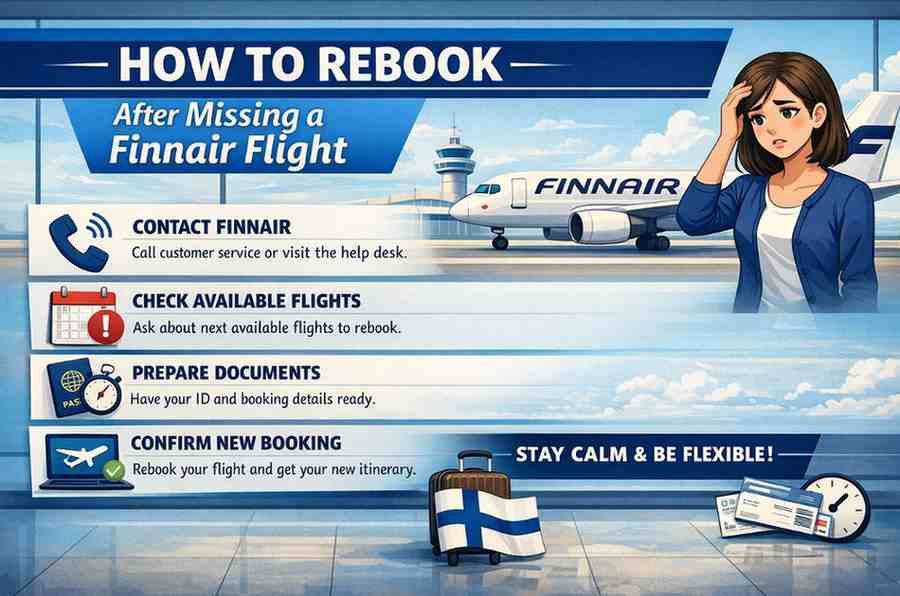 Guide on rebooking a missed Finnair flight. Steps: contact airline, check flights, prepare documents, confirm booking. Blue design, woman worried.