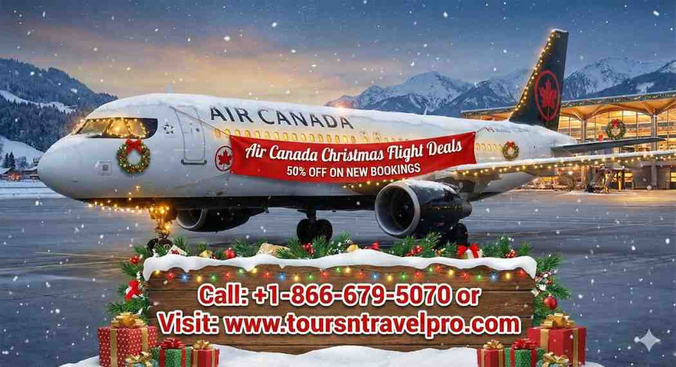 Air Canada plane with festive wreaths and a red banner announcing Christmas flight deals at 50% off. Snowy mountains and airport in background.
