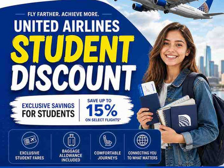 Smiling student holds passport; United Airlines plane above. Text: "Student Discount, Up to 15% Off." Blue and yellow theme; contact info.