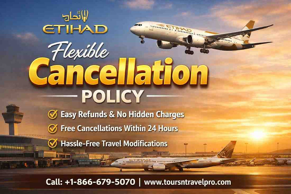 Etihad ad showing a plane in a sunset sky over an airport. Text highlights a flexible cancellation policy with easy refunds. Contact info included.