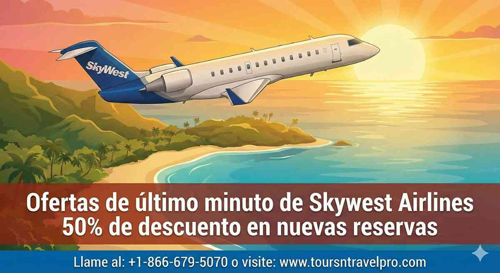 Airplane flying over a tropical island at sunset. Text: "Último minuto Skywest Airlines, 50% descuento en reservas". Contact info below.