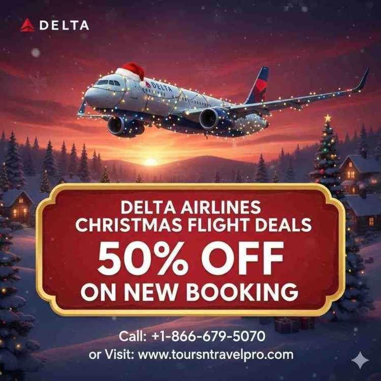 Delta plane with Christmas lights flies over snowy village at sunset. Text: "Delta Airlines Christmas Flight Deals 50% Off on New Booking."