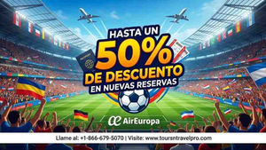 Soccer stadium scene; crowd cheers. Text: "Hasta un 50% de descuento en nuevas reservas." Sky has planes. Air Europa logo visible.
