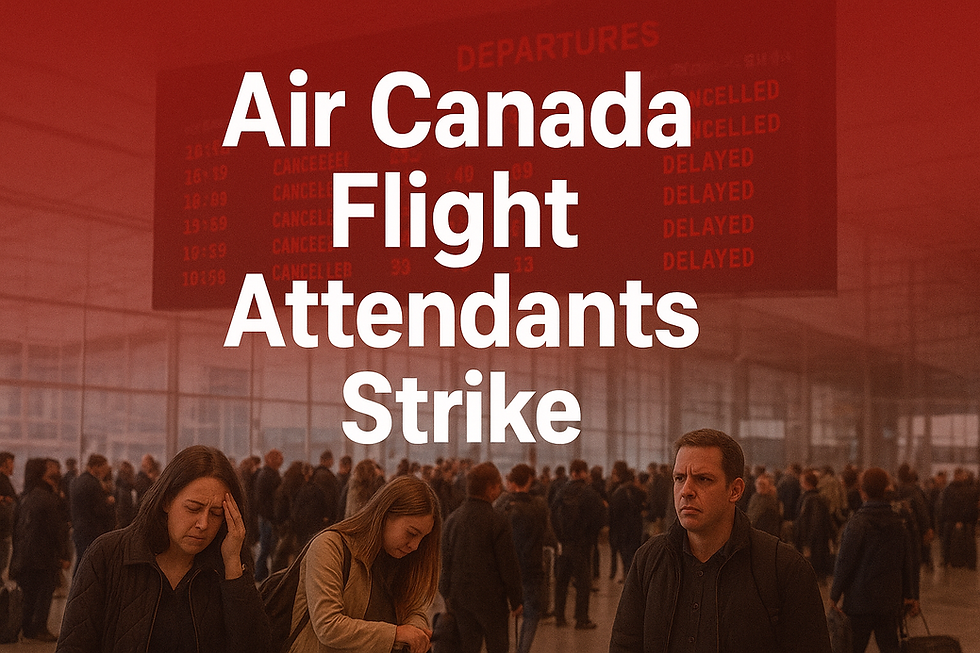 Crowded airport with a red departures board showing canceled flights. Text reads "Air Canada Flight Attendants Strike," conveying a tense mood.