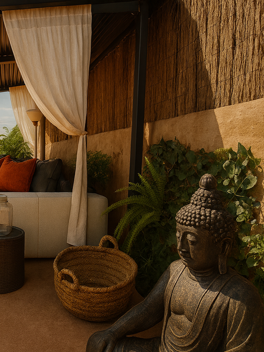 Outdoor lounge pergola with white curtains, sectional sofa with orange cushions, coffee table, Buddha statue, and views of garden trees – Can Ferragut Mallorca.