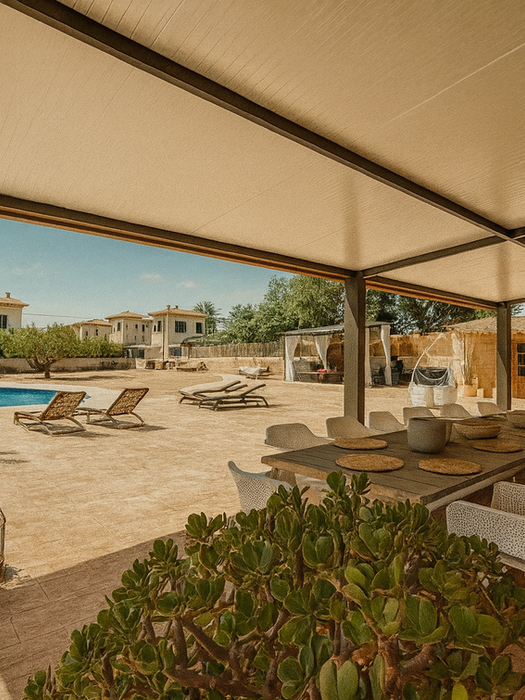 Covered outdoor dining space with long table, white chairs, hanging chair, poolside loungers, and Mediterranean courtyard setting – Can Ferragut Mallorca.