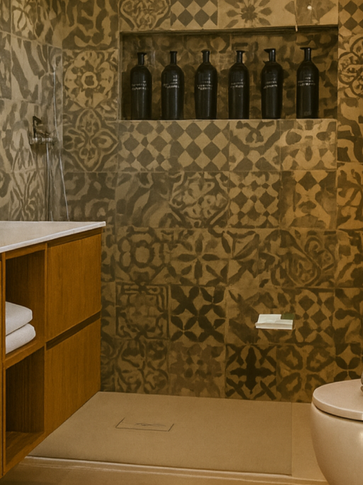 Stylish bathroom with decorative patterned shower tiles, built-in shampoo niche, wooden vanity with white countertop, and modern fixtures – Can Ferragut Mallorca.