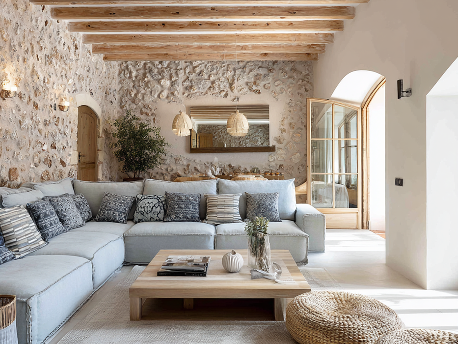 Mediterranean living room with stone walls, wooden beams, and neutral decor in Mallorca villa.