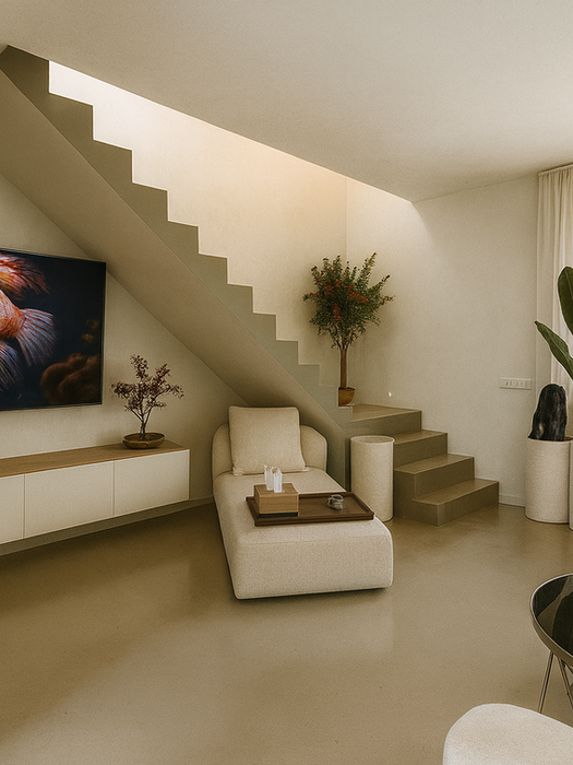 Modern Mediterranean living room interior with beige sofas, under-stair lounge chair, minimalist floating cabinet with large TV, potted plants, and soft natural lighting – Can Ferragut villa Mallorca.