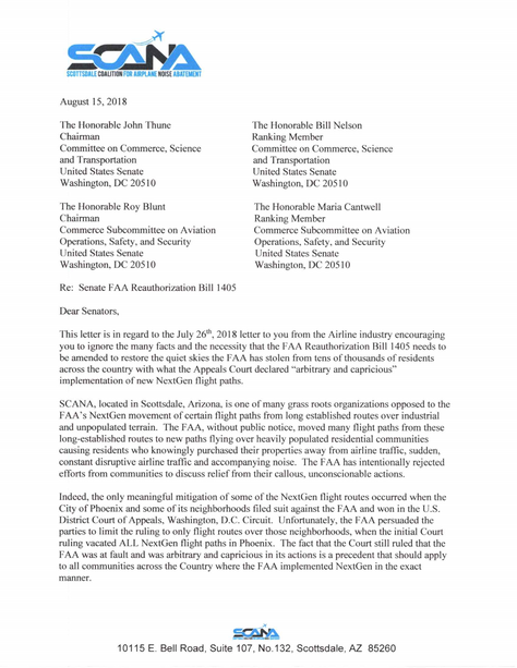 SCANA Responds to Senators regarding Airline Industry claims