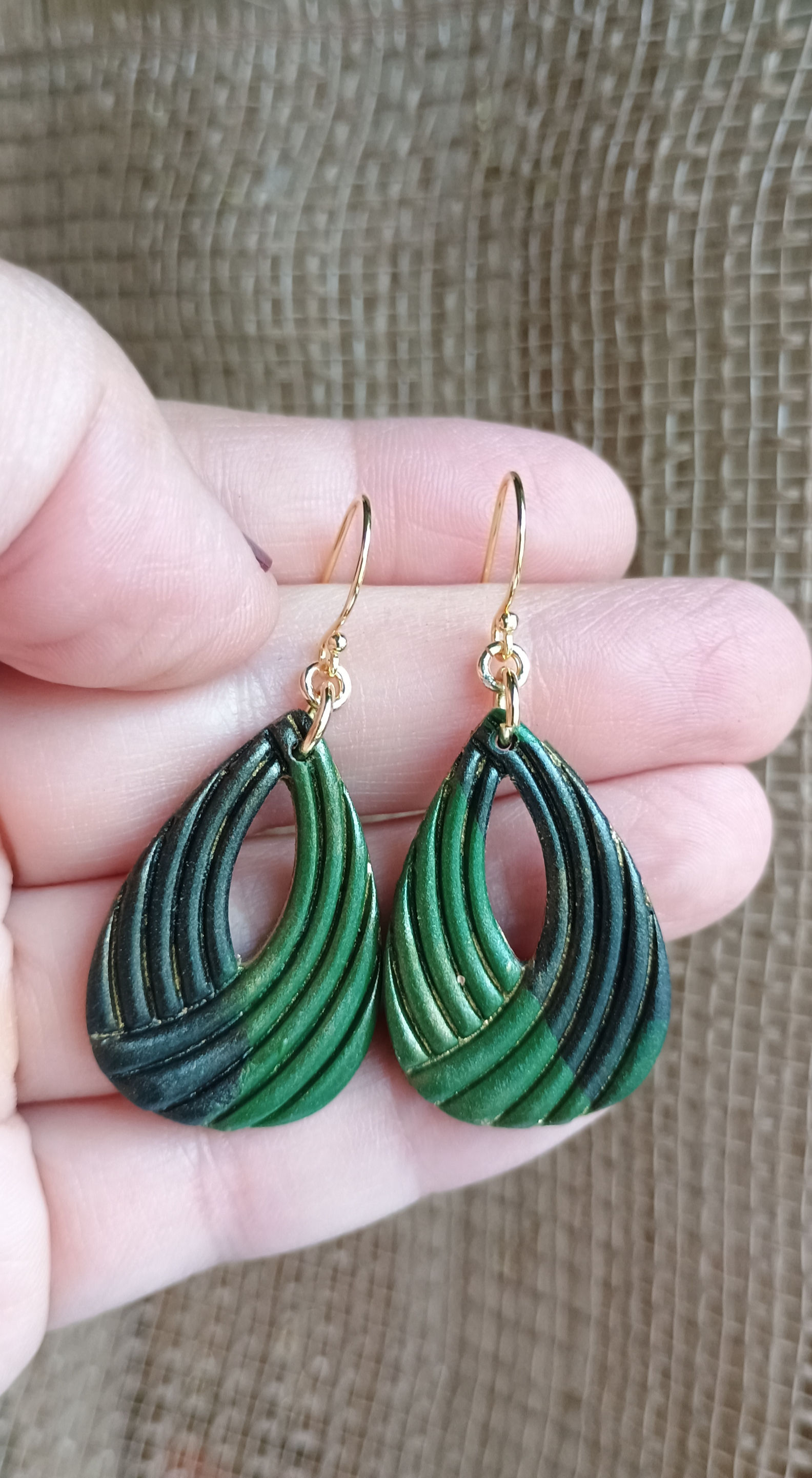 Black & Green Tear Drop Earrings on Gold Sterling