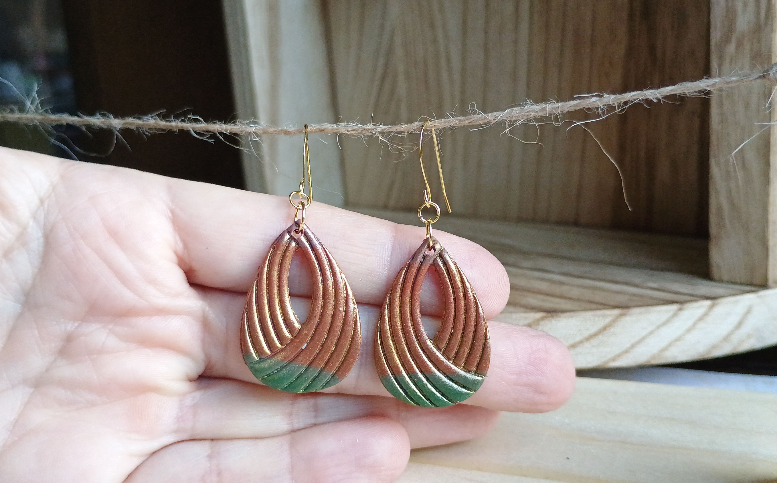 Bronze & Green Tear Drop on Gold Sterling