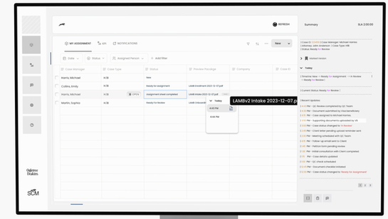 A case management interface displaying a list of cases with timestamps, activity history, and status indicators.