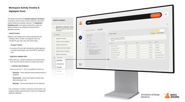 A focused user interface detailing an individual application profile, highlighting a vertical chronological timeline diagram with sequential milestone nodes, comment logs, and internal review panels.