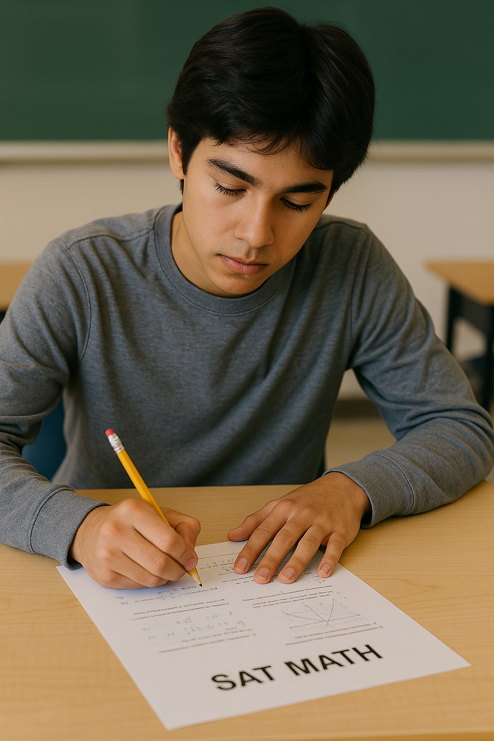 Student writing with a pencil at a desk