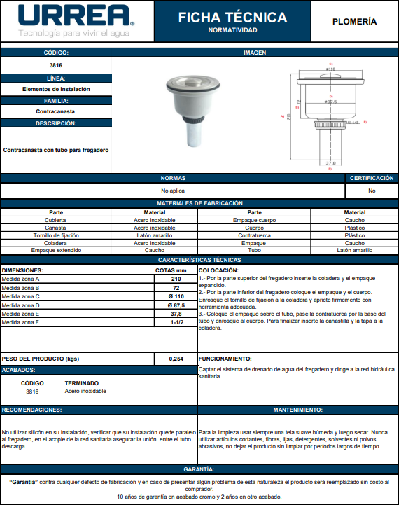 Miniatura: Contracanasta con tubo para fregadero 3816