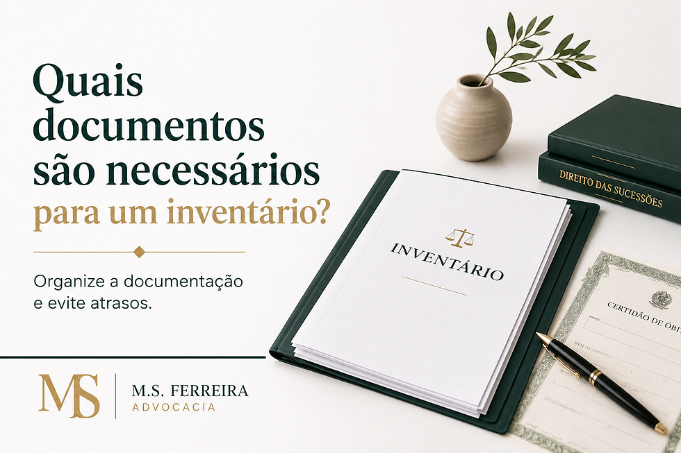 Documentos necessários para inventário organizados sobre uma mesa de escritório representando a preparação da documentação da herança.