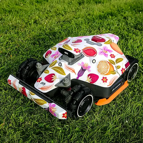 Ad for Mammotion robot lawnmower featuring Catherine Marion's stickers