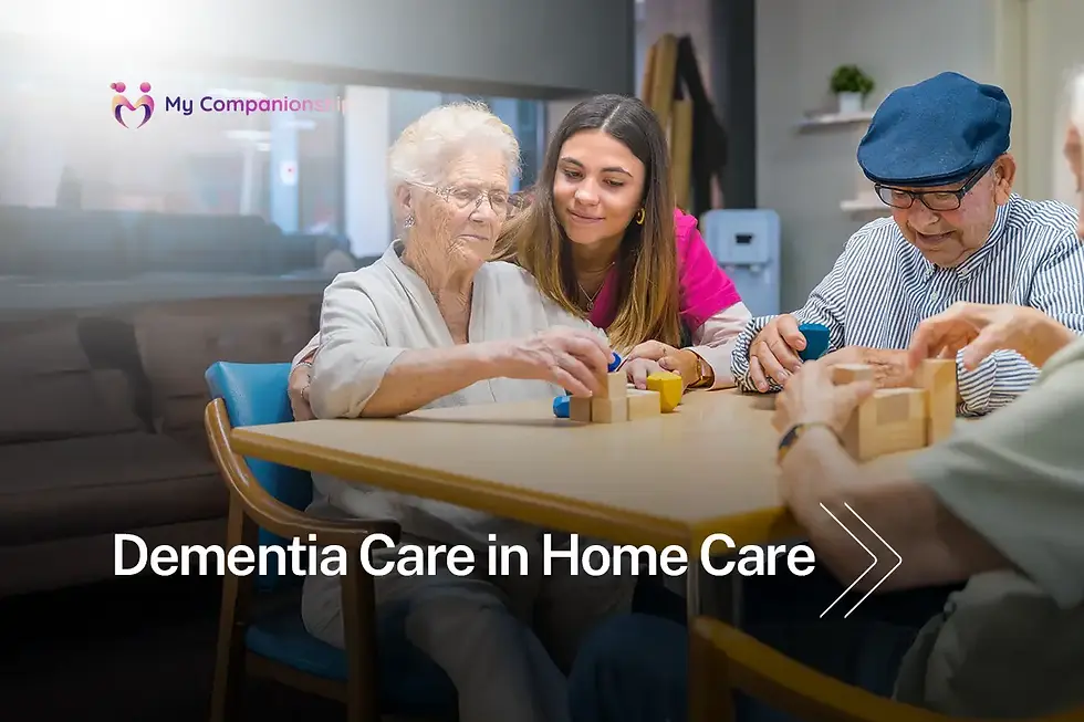 Caregiver assisting elderly individuals with dementia in a home care setting, engaging in memory-strengthening activities at a table, provided by My Companionship home care services.