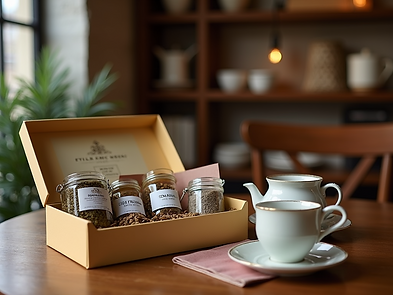 An elegant gift box filled with a selection of artisanal teas and brewing accessories, set
