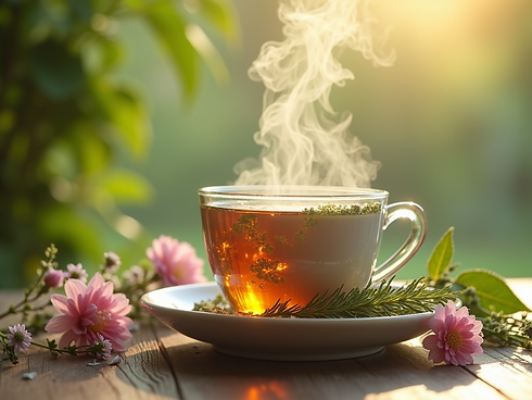 A steaming cup of herbal tea with visible herbs and flowers, set against a calming, natura