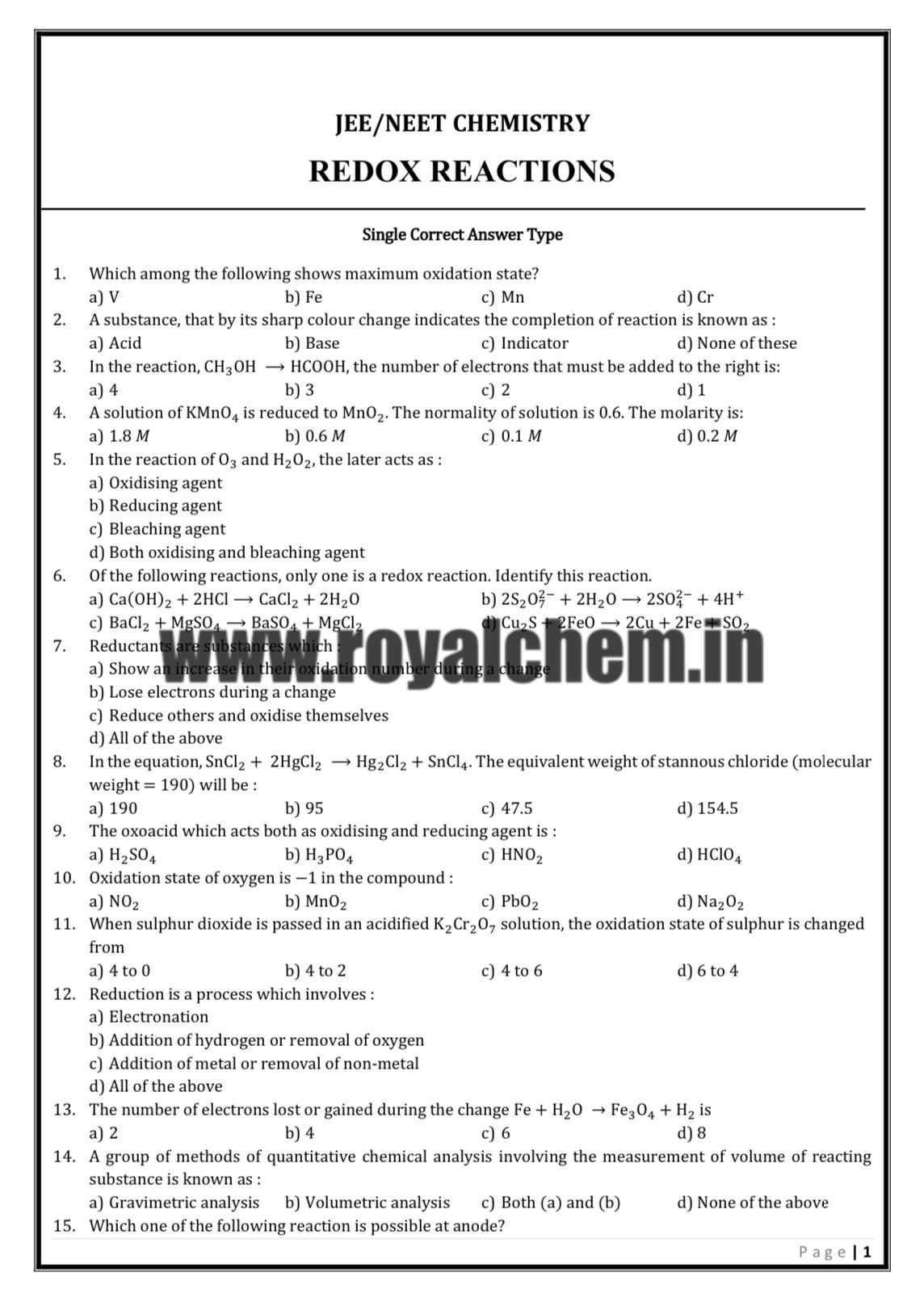 Redox Reactions-Question Bank