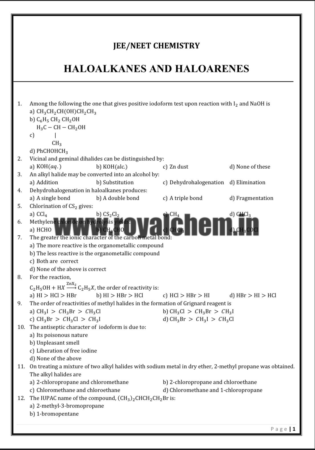 Haloalkanes and Haloarenes-Question Bank