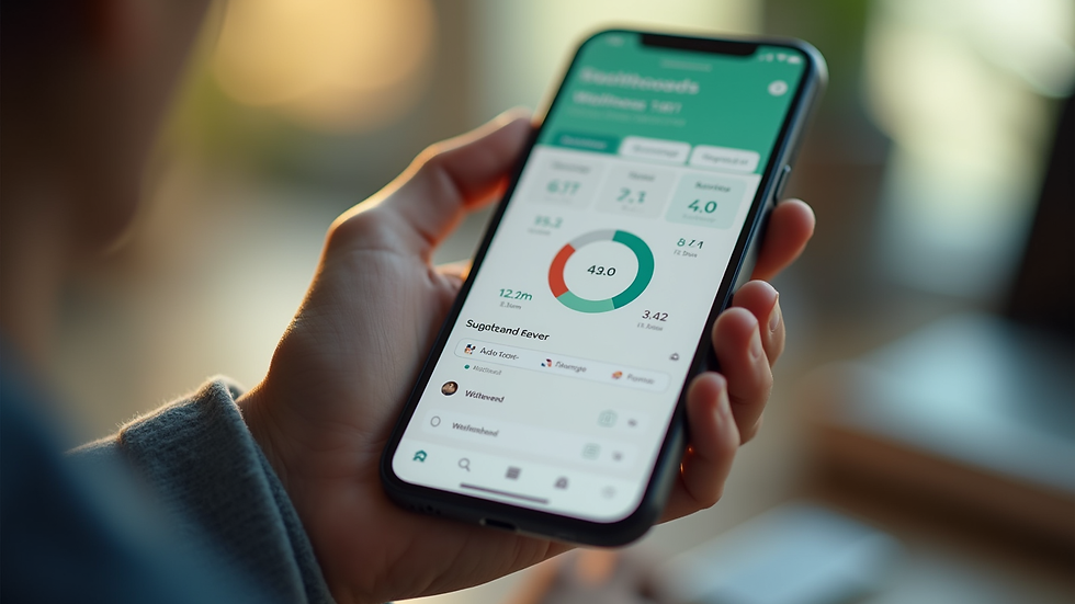 Eye-level view of a smartphone displaying a wellness app dashboard