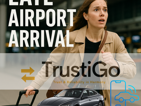 Woman in a coat rushing at an airport, pulling a suitcase. Text says "Late Airport Arrival." TrustiGo car service ad overlay.