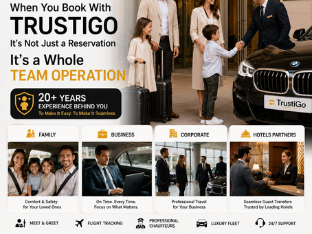 TrustiGo luxury transfer ad: family greets hotel chauffeur by BMW at a premium hotel, with bold booking and service text.
