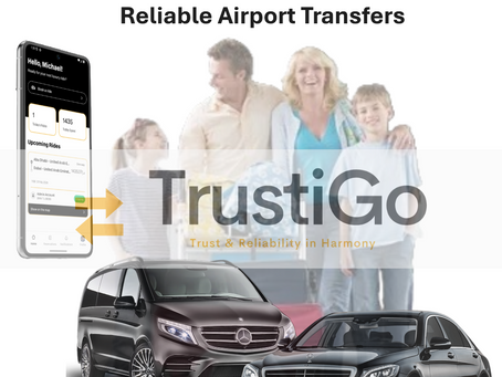 Family stands with luggage, smiling. Featured cars, app, and TrustiGo logo; text reads "Reliable Airport Transfers." Mood is trusting.