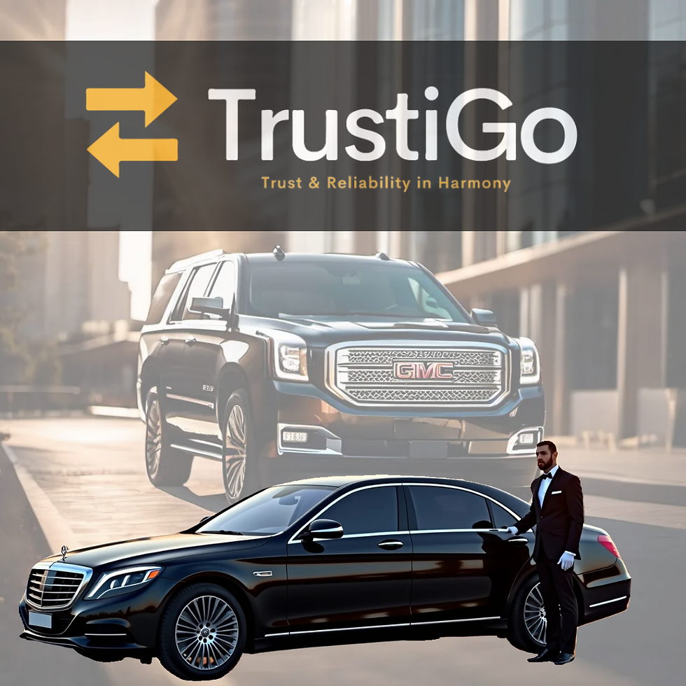 Man in suit beside a black luxury car with 'TrustiGo' logo above. Background shows a GMC SUV in a city setting, exuding elegance. Premium Dubai Airport Transfers - DXB - Abu Dhabi Airport Transfers VIP Chauffeurs