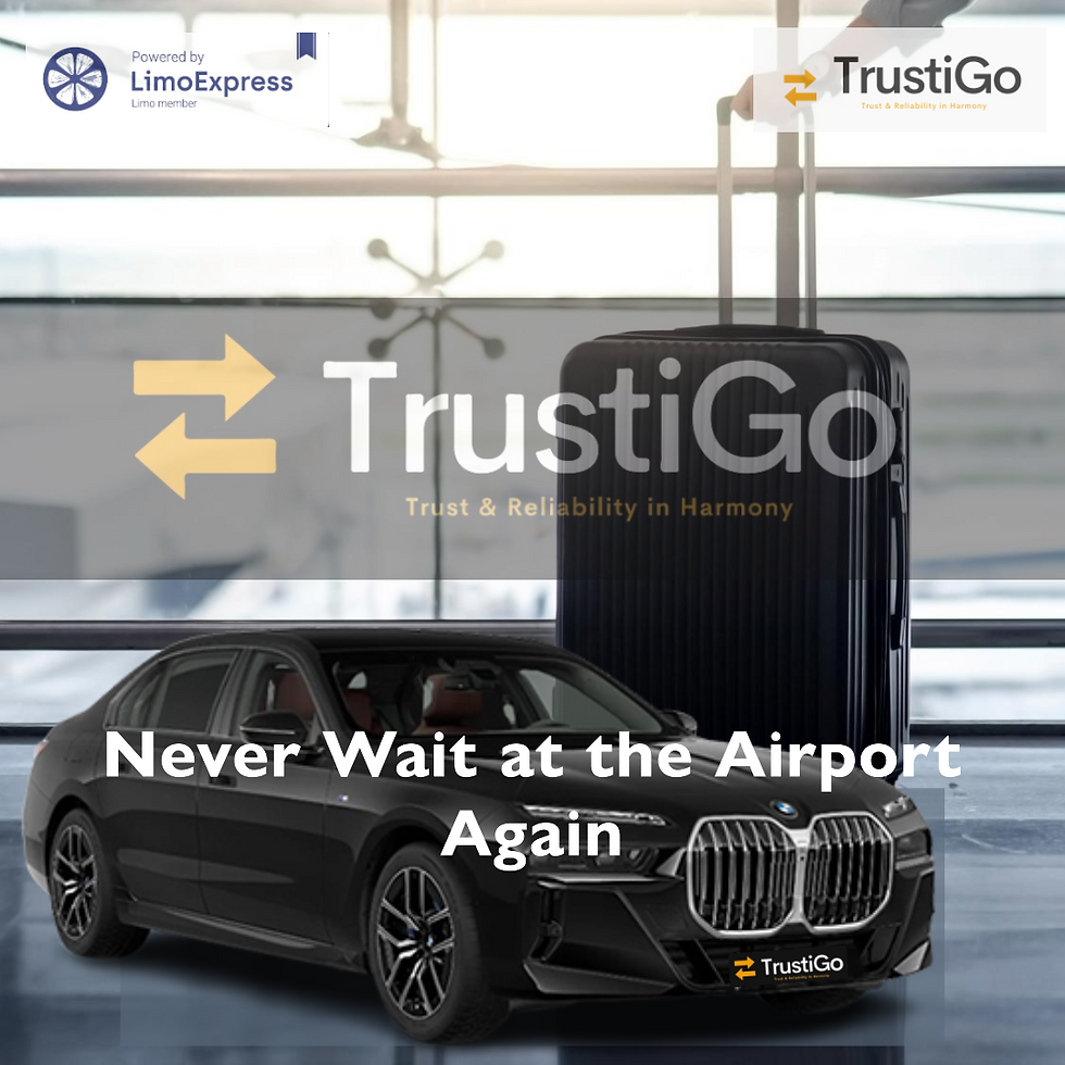 Black car and suitcase in an airport setting. Text: "TrustiGo, Never Wait at the Airport Again." Logos for TrustiGo and LimoExpress present.