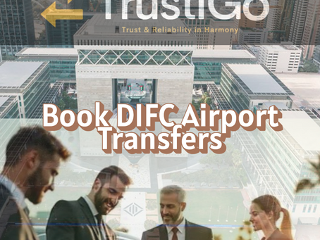 Four people in suits check a phone with a cityscape backdrop. Text overlay reads "TrustiGo: Book DIFC Airport Transfers.