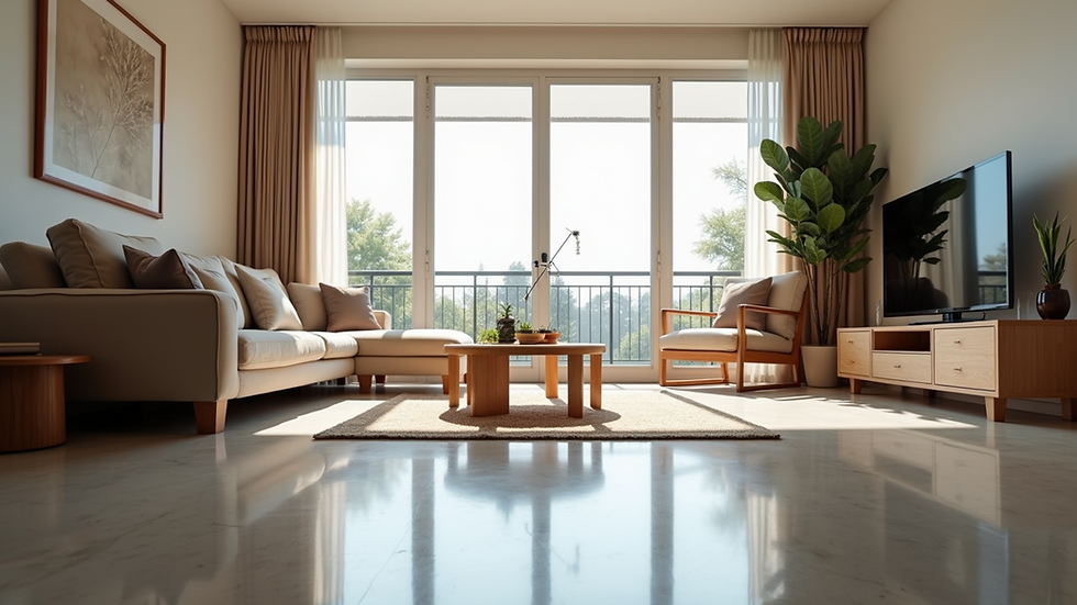 Eye-level view of a modern living room with epoxy resin flooring and wooden furniture