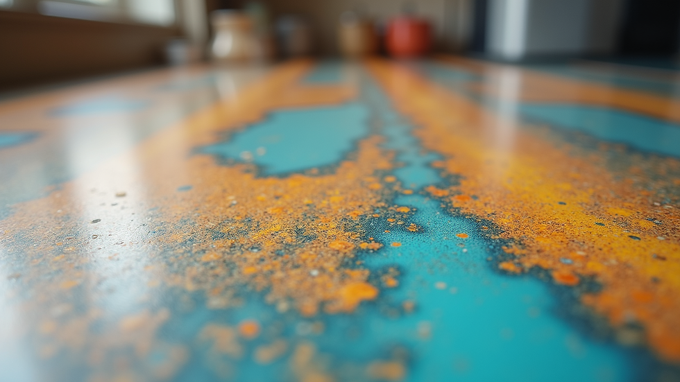 Close-up view of epoxy resin countertop with vibrant colors