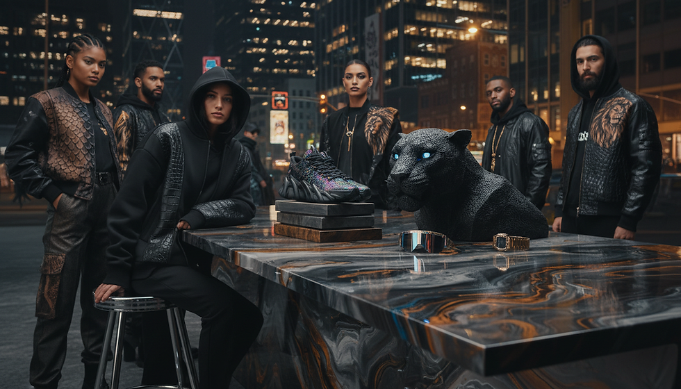 Luxury streetwear models gathered around a custom epoxy resin table in a modern city setting.