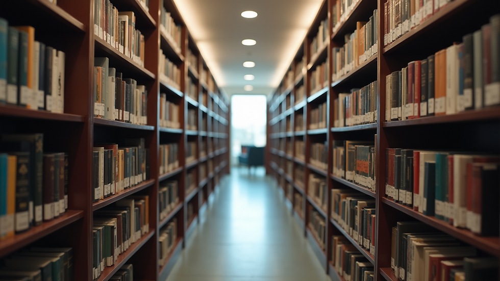 Wide angle view of a calm library with shelves filled with books