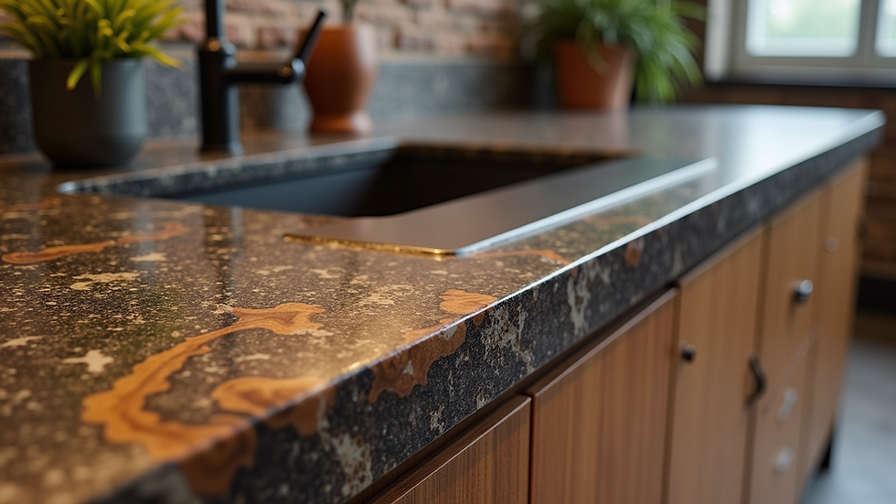 Close-up of a sleek epoxy resin countertop with natural wood accents