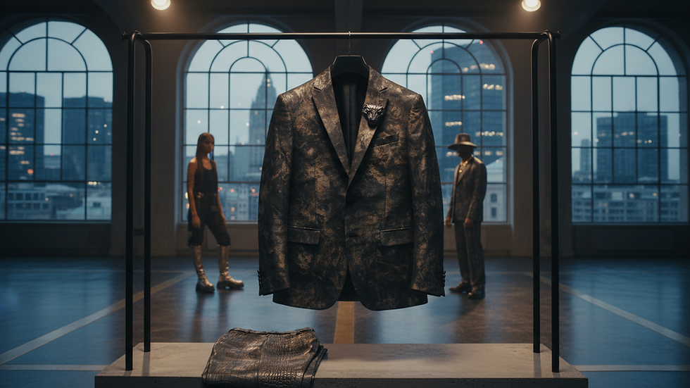 Eye-level view of a tailored blazer hanging on a minimalist rack