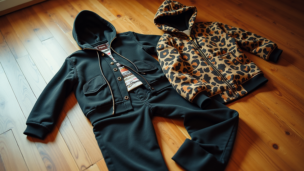 High angle view of a trendy streetwear outfit laid out on a wooden floor