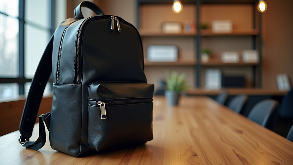 Eye-level view of a sleek black leather urban backpack on a wooden table