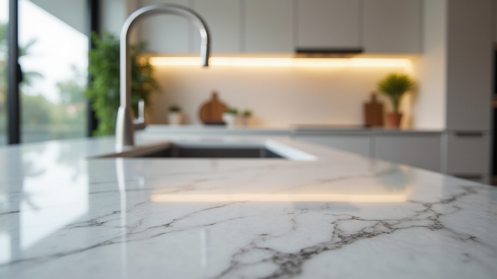 Eye-level view of sleek quartz countertop in a modern kitchen