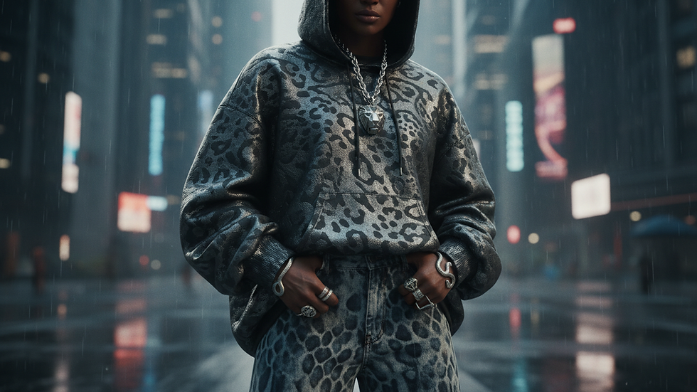 Close-up view of a streetwear outfit featuring oversized hoodie and vintage denim