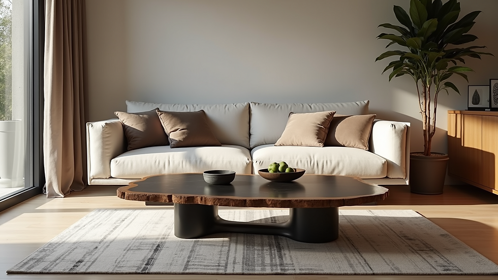 Eye-level view of a modern living room featuring a bold epoxy resin coffee table