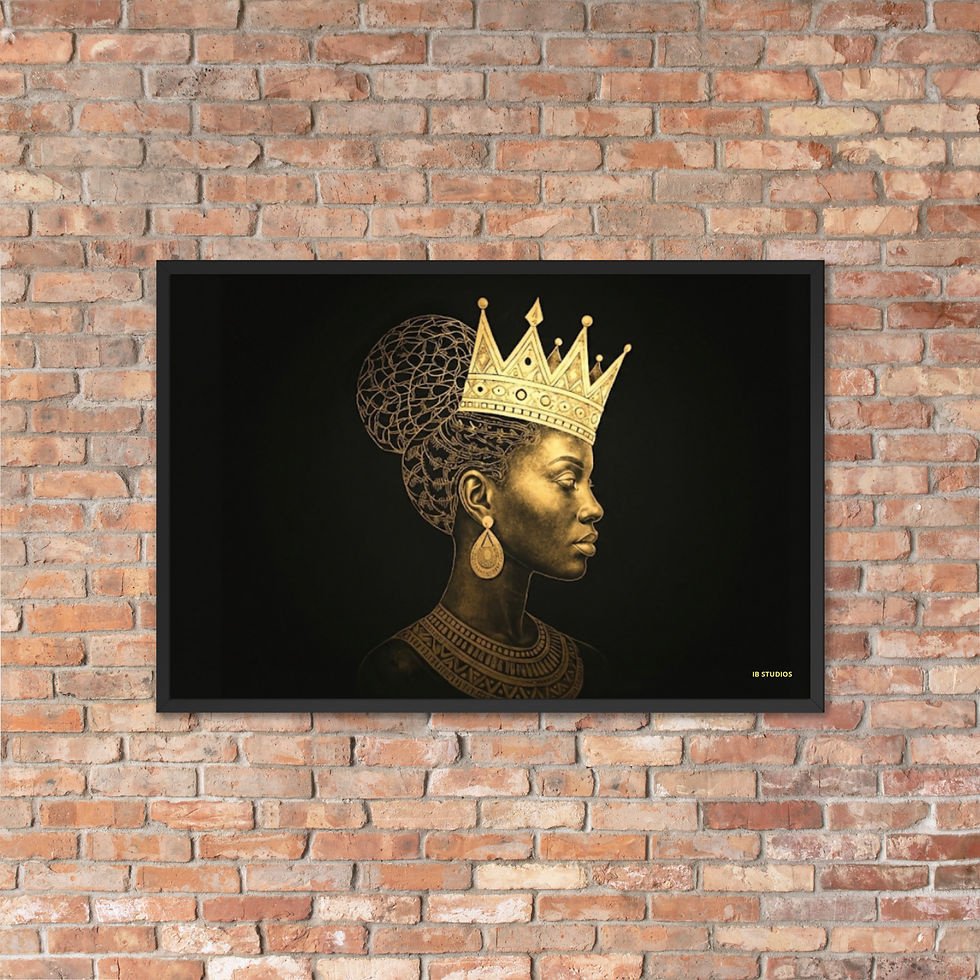 A striking framed portrait by IB Studios titled "Golden Majesty" features a regal figure adorned with an intricate golden crown, set against a rich dark background, elegantly displayed on a brick wall.