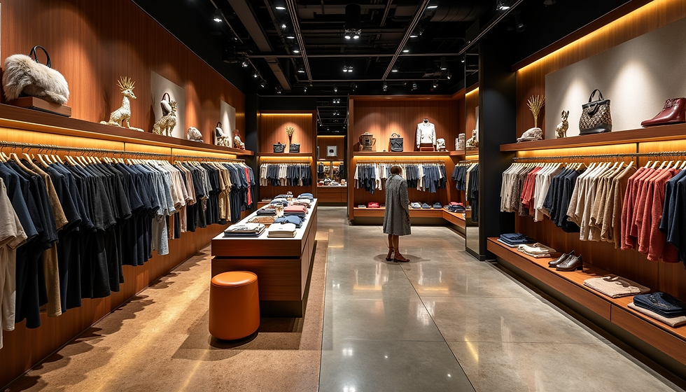 Eye-level view of a vibrant clothing display showcasing trendy outfits